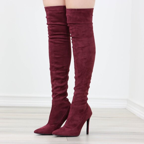 Burgundy Over-the-Knee Boots Pointed Toe Faux Suede Stiletto Heel - Picture 2 of 15